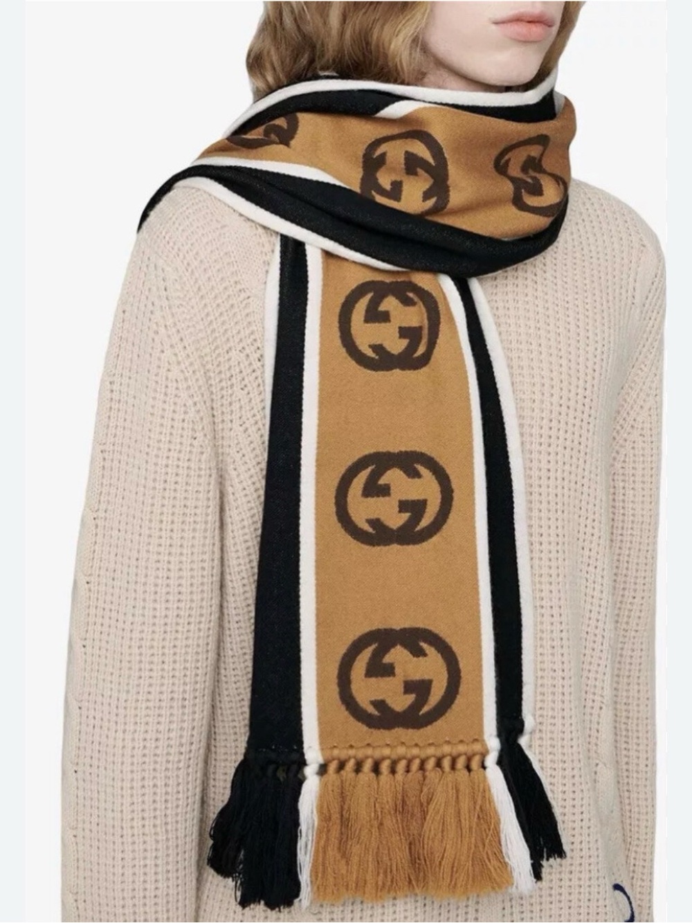 Gucci Tan, Black and White Logo-Stripe Tassel Scarf